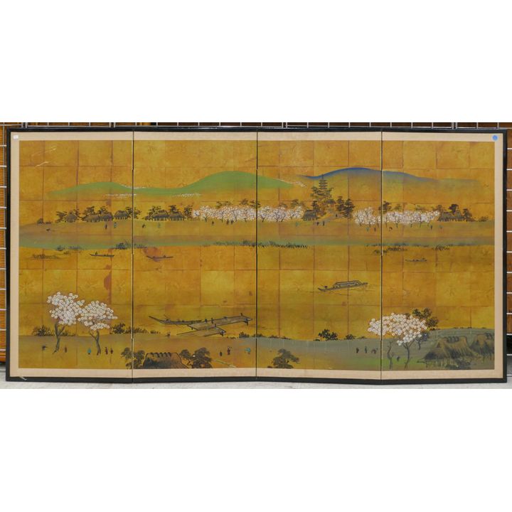 Japanese 4-Panel Painted Landscape Screen 36''x71''