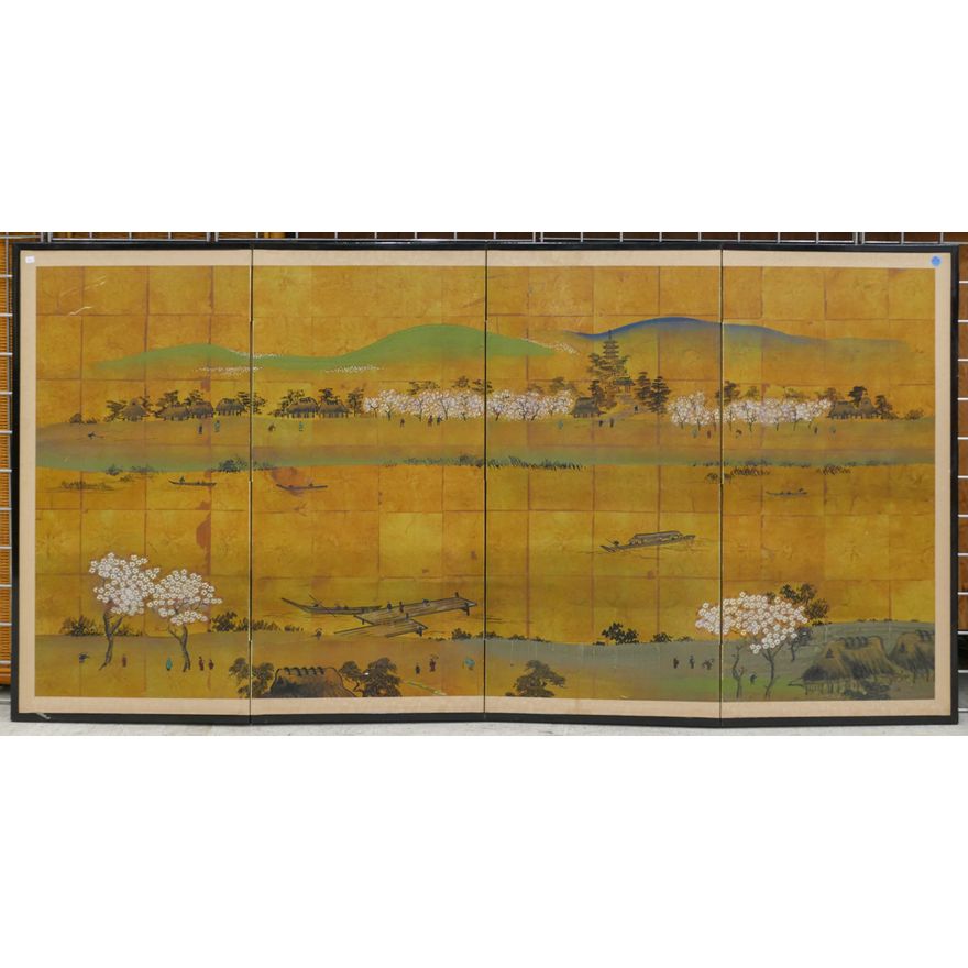 Japanese 4-Panel Painted Landscape Screen 36''x71''