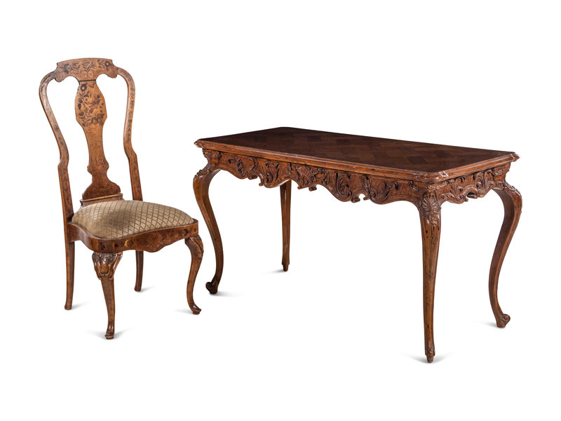 A Louis XV Style Writing Table and an Associated Dutch Marquetry Chair
