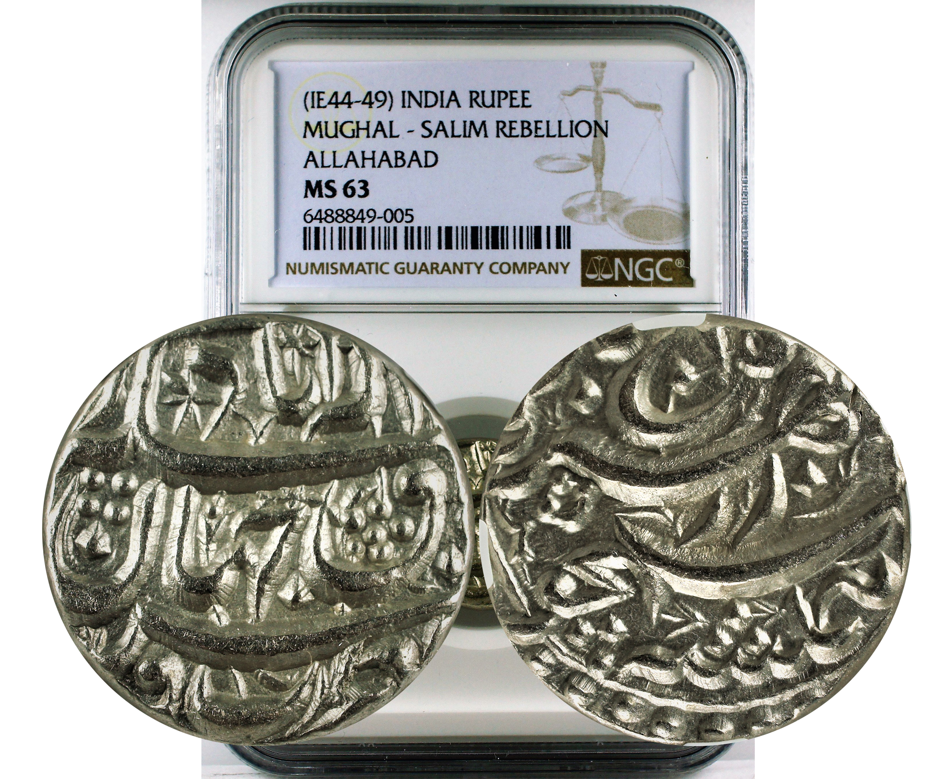 MUGHAL EMPIRE - AKBAR - REBELLION RUPEE - ALLAHABAD NGC MS 63