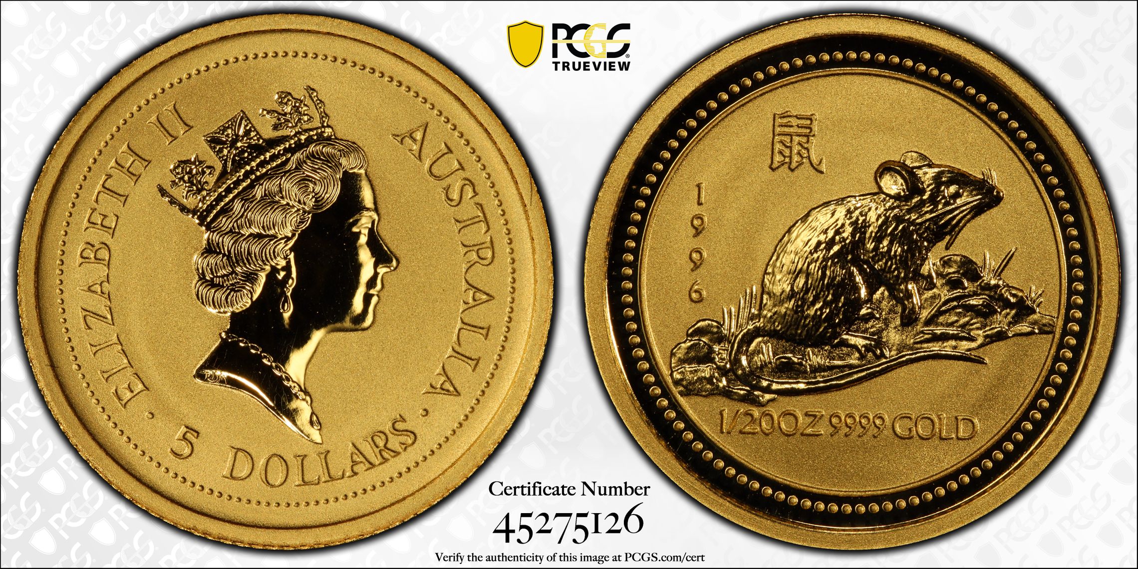 1996 Australia Five Dollar, Gold $5 Year of the Rat PCGS - MS70 POP 3/0 -126