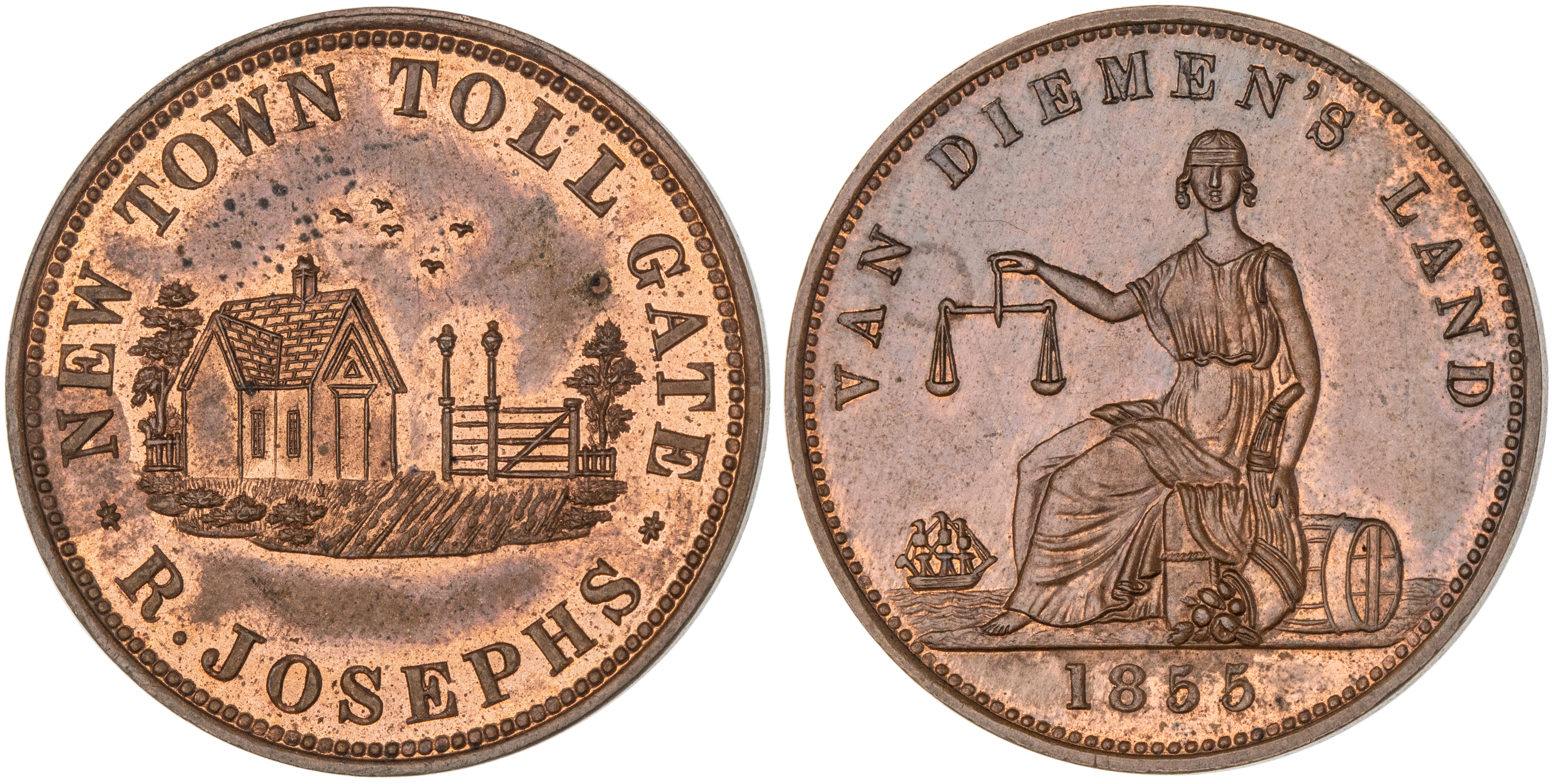 New Town, Tasmania, R. Josephs Proof, Halfpenny, 1855, FDC