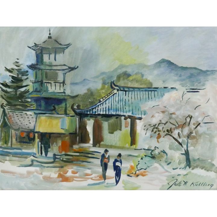 Jule Kullberg ''Old Pagoda'' Oil on Canvas Board Framed 22''x28''
