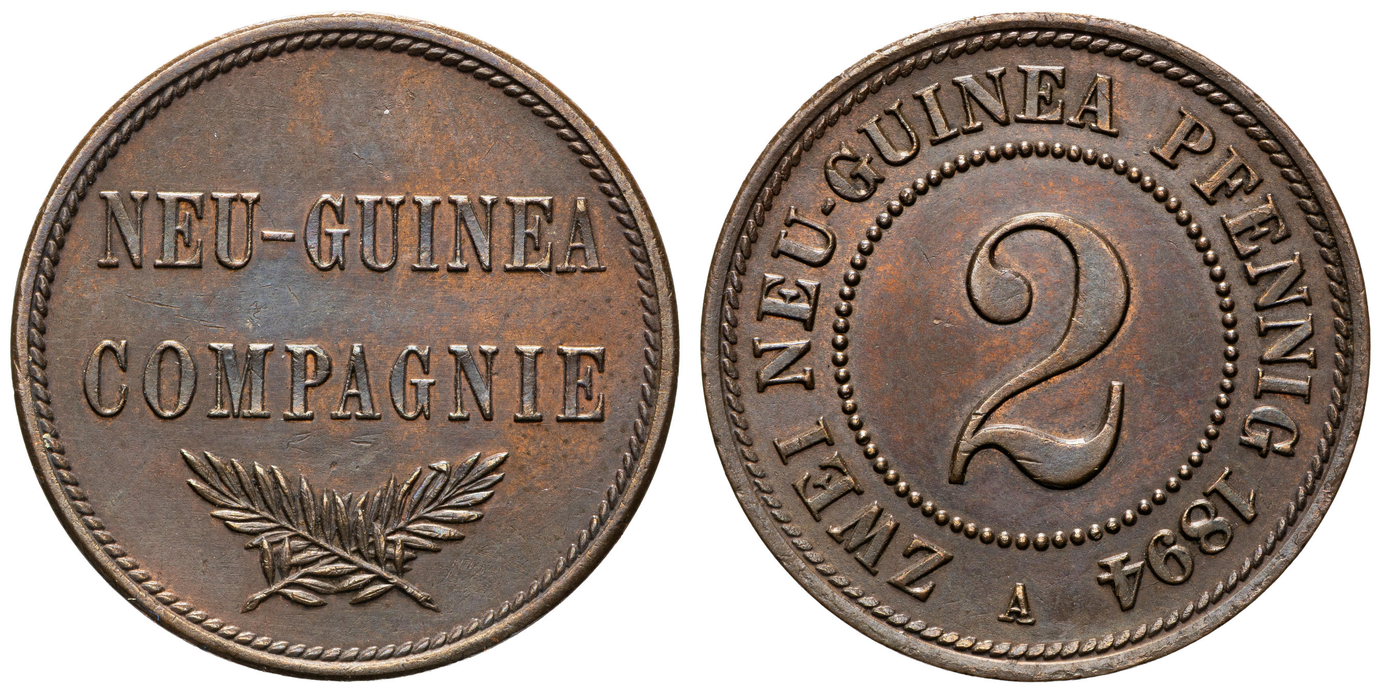 German New Guinea, Friedrich Wilhelm II, Two Pfennig, 1894-A, EF