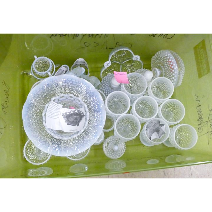 Large Tote 29pc Fenton Opalescent Hobnail Glass