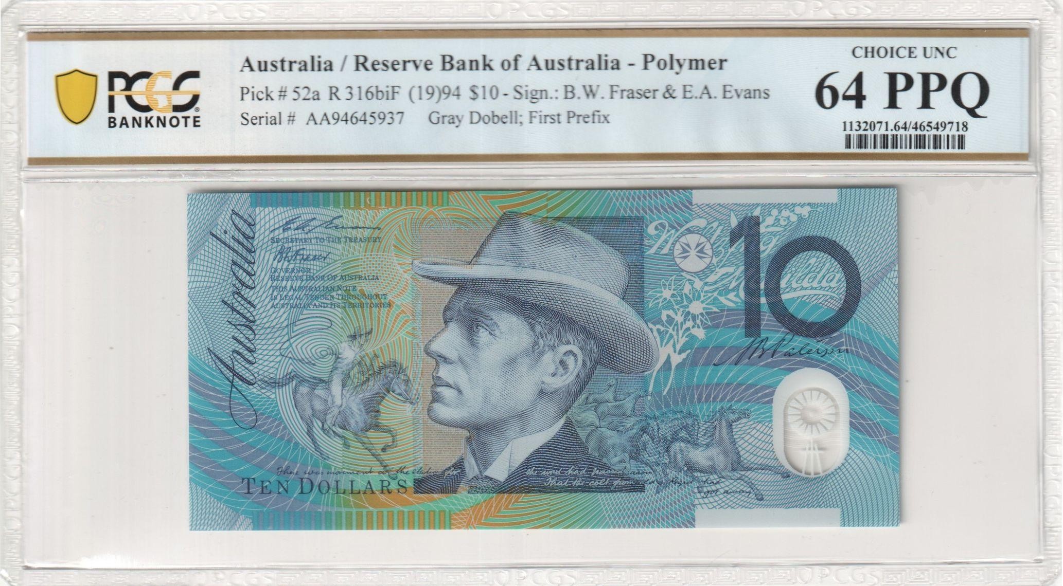 175 · RBA, Polymer, Sign.: B.W. Fraser & E.A. Evans, Gray Dobell; First Prefix, Ten Dollar, 1994, PCGS - Choice UNC 64 PPQ
