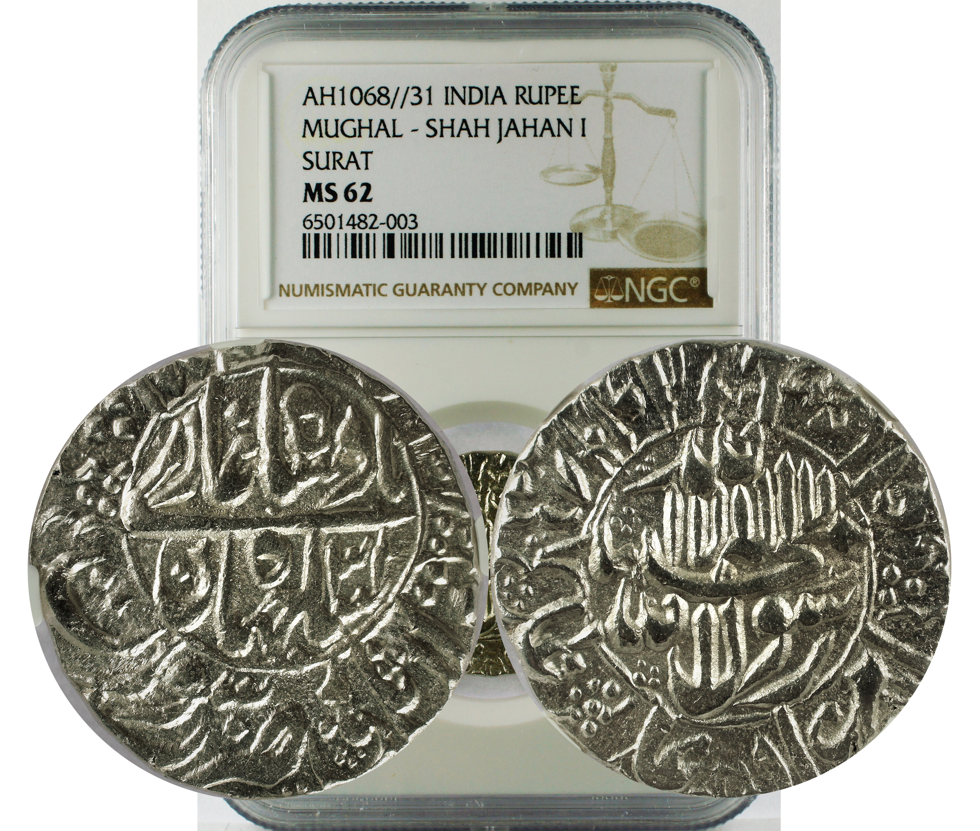 AH1068//31 INDIA MUGHAL - SHAH JAHAN I SURAT RUPEE MS 62