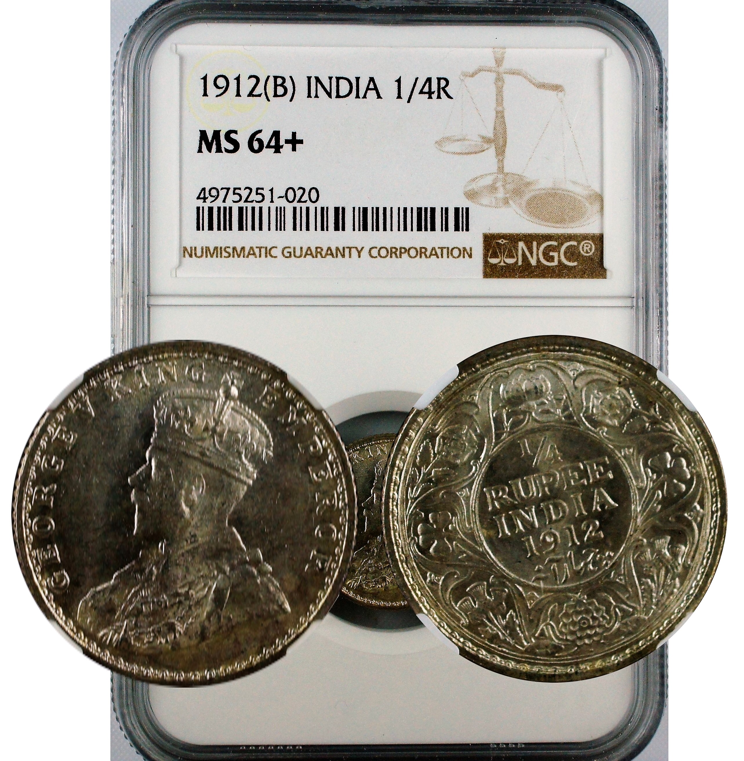 India British 1912 B 1/4 Rupee NGC MS64+
