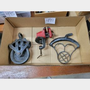 Antique Cast Iron pulley, clamp on vise and sewing machine guard
