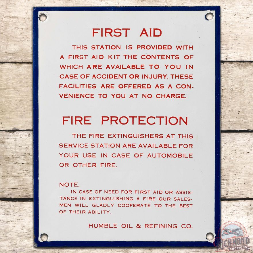 Humble Oil & Refining Co. First Aid Fire Protections SS Porcelain Sign