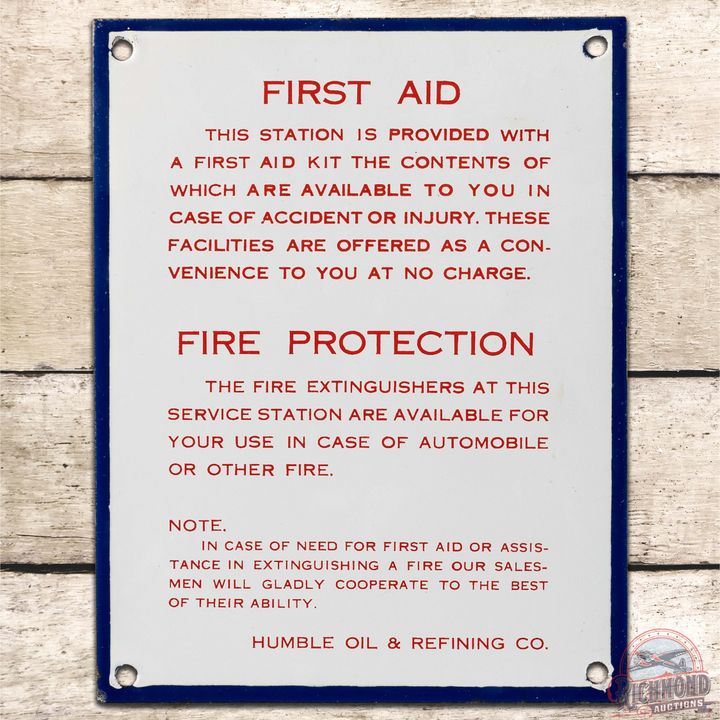 Humble Oil & Refining Co. First Aid Fire Protections SS Porcelain Sign