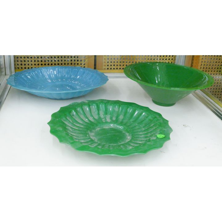 3pc Old Chinese Large Peking Glass Trays and Bowl 11'' to 13'' Diameter