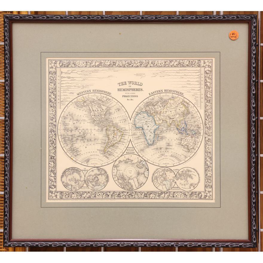 Antique The World in Hemispheres Map Framed 18''x20''