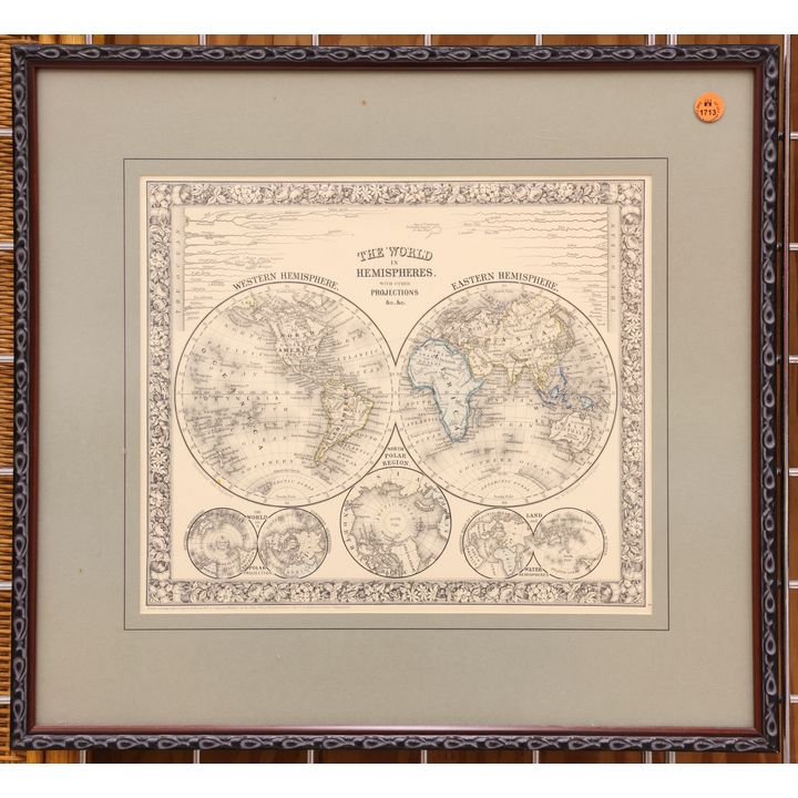 Antique The World in Hemispheres Map Framed 18''x20''