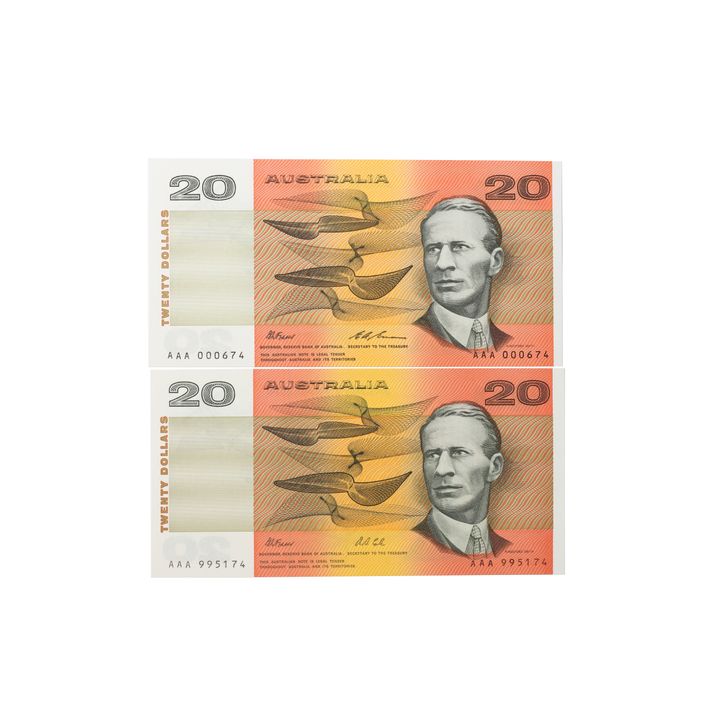 Consecutive Pair, Fraser/Cole, Twenty Dollars, 1991, UNC