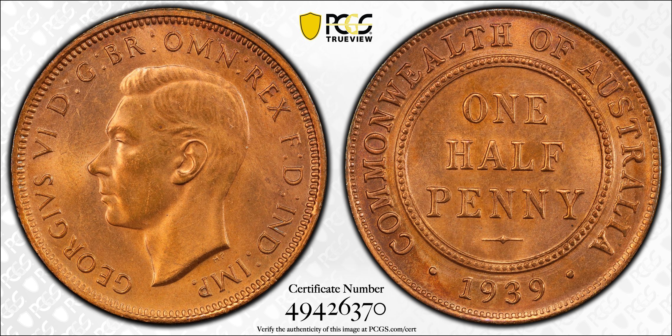 George VI, KM-35, Halfpenny, 1939, PCGS MS63RD