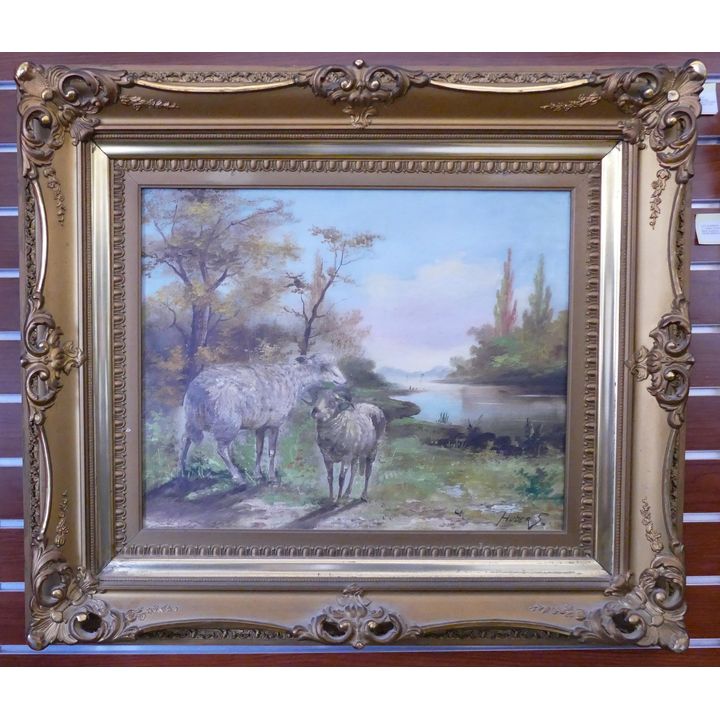 Huber S. Signed Antique Oil Painting of Sheep in Gilt Frame- 26x31''