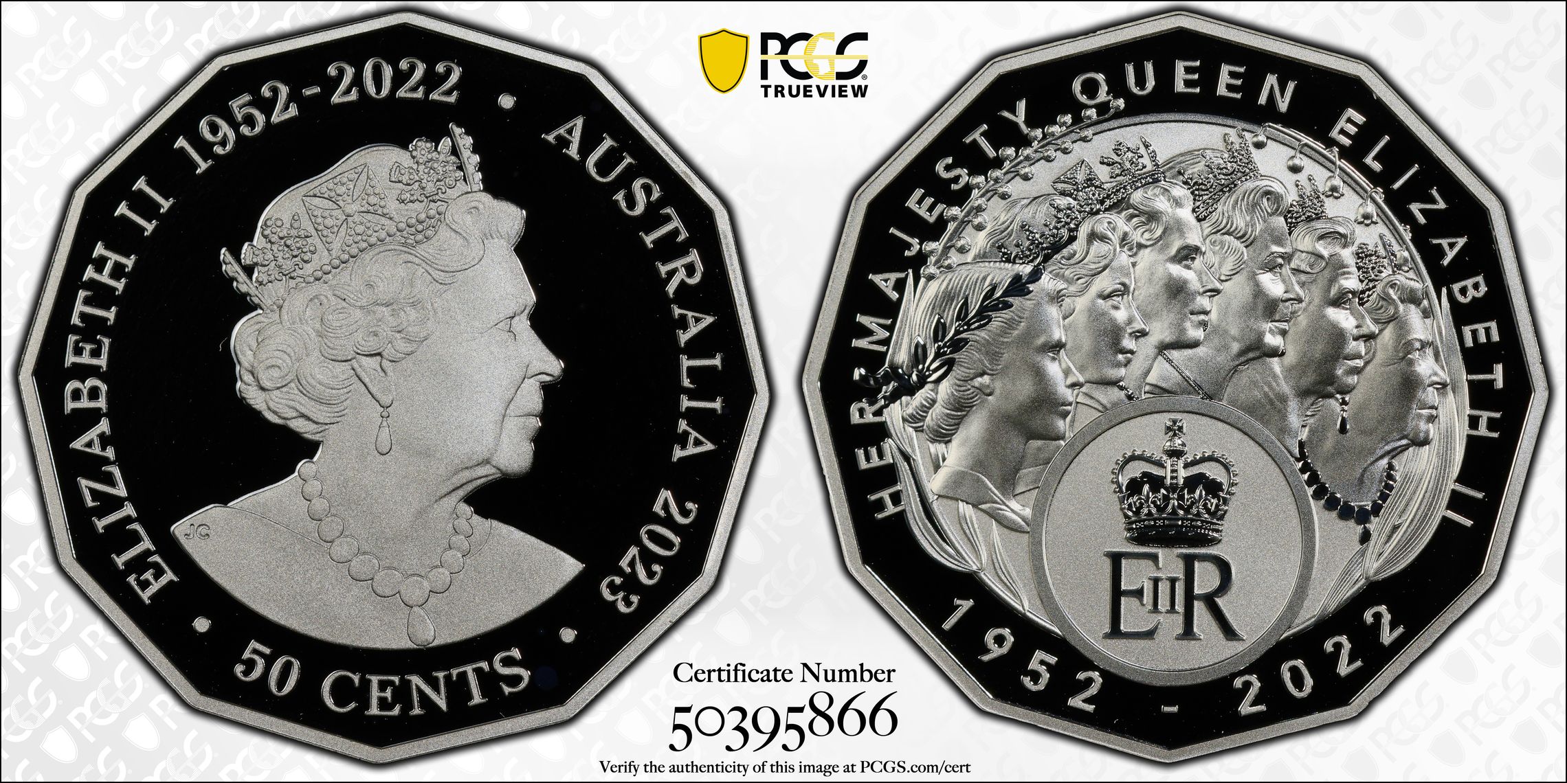 Her Majesty QEII Silver Six Effigies, Fifty Cent, 2023, PCGS PR69DCAM