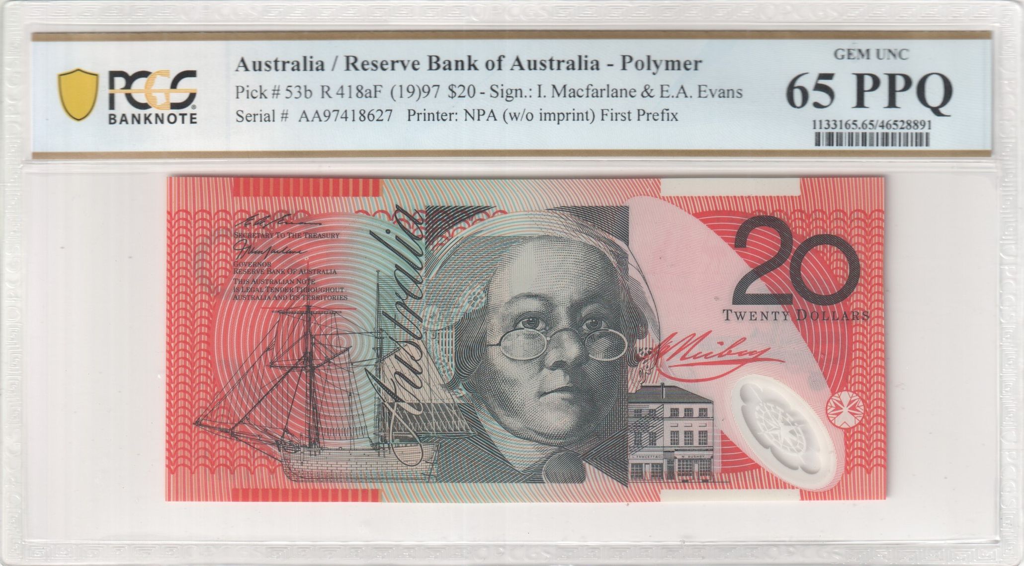 Macfarlane/ Evans, First Prefix, Twenty Dollar, 1997, PCGS Gem UNC 65 PPQ