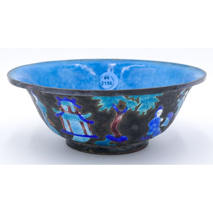 Old Chinese Enameled Metal Low Bowl 6.5''