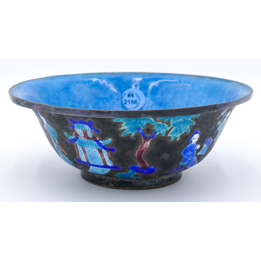 Old Chinese Enameled Metal Low Bowl 6.5''