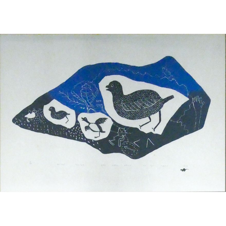 Annie Mikpigak ''Bird Family'' 1974 Inuit Stonecut Print Framed