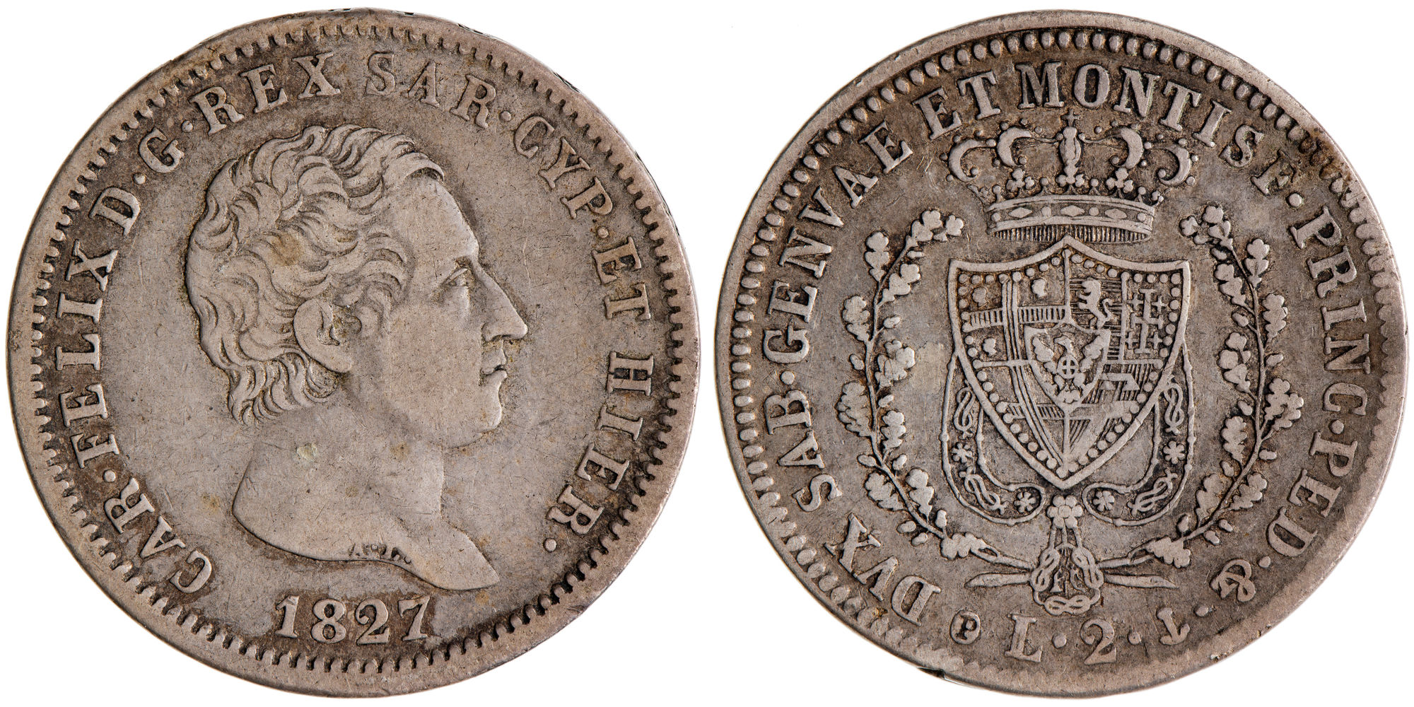 Italian States, Charles Felix, Kingdom of Piedmont-Sardinia, Two Lire, 1827-P, aVF