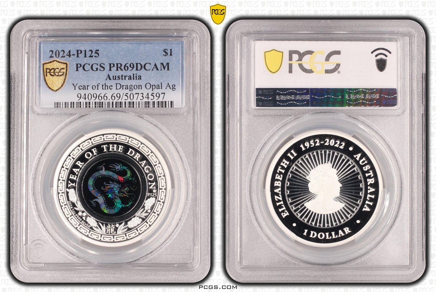 Year of the Dragon Opal Ag , One Dollar, 2024-P125, PCGS PR69DCAM