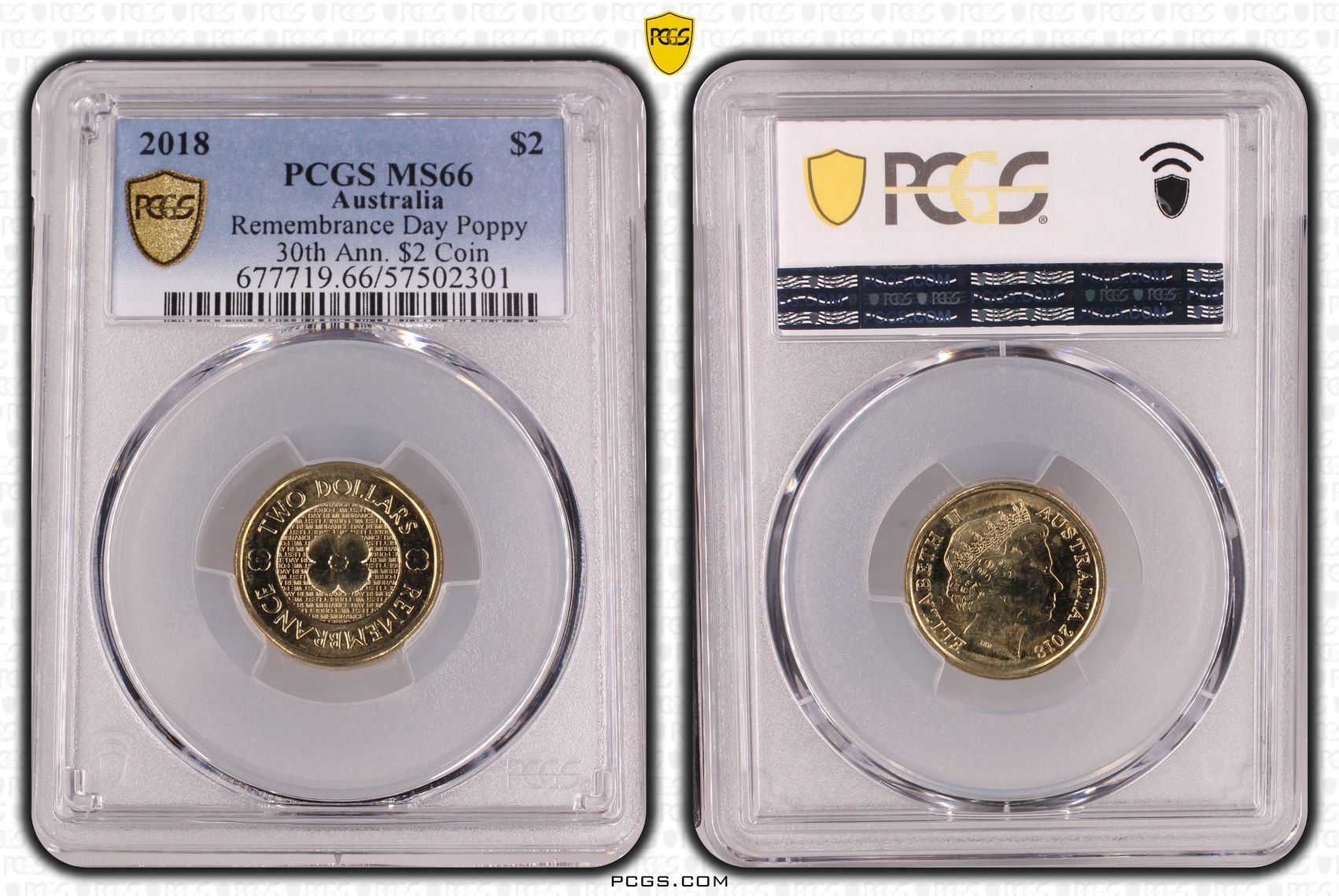 Remembrance Day Poppy 30th Ann. $2 Coin, Two Dollar, 2018, PCGS MS66