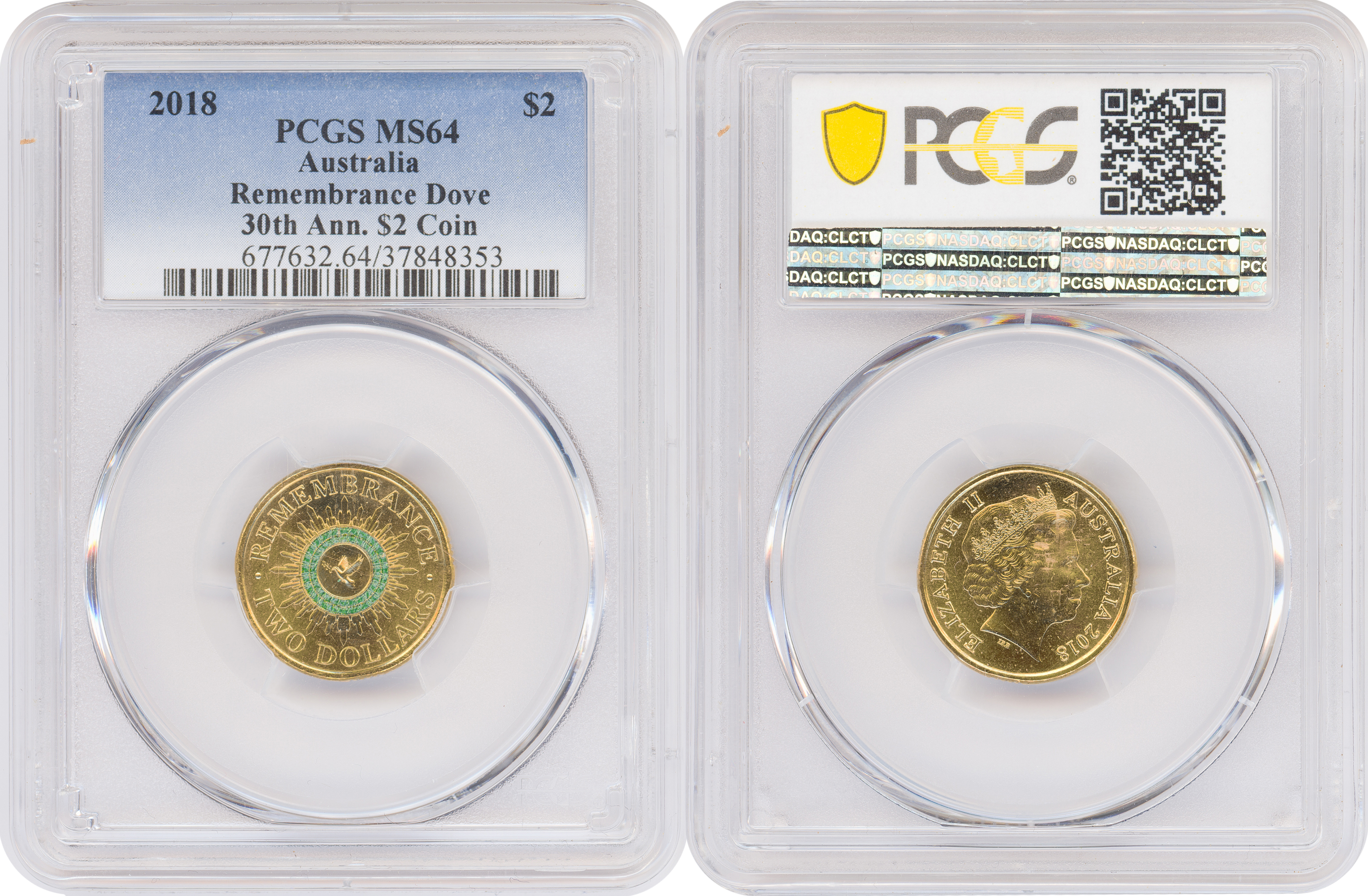 Remembrance Dove Colorized 30th Ann. $2 Coin , Two Dollar, 2018, PCGS MS64