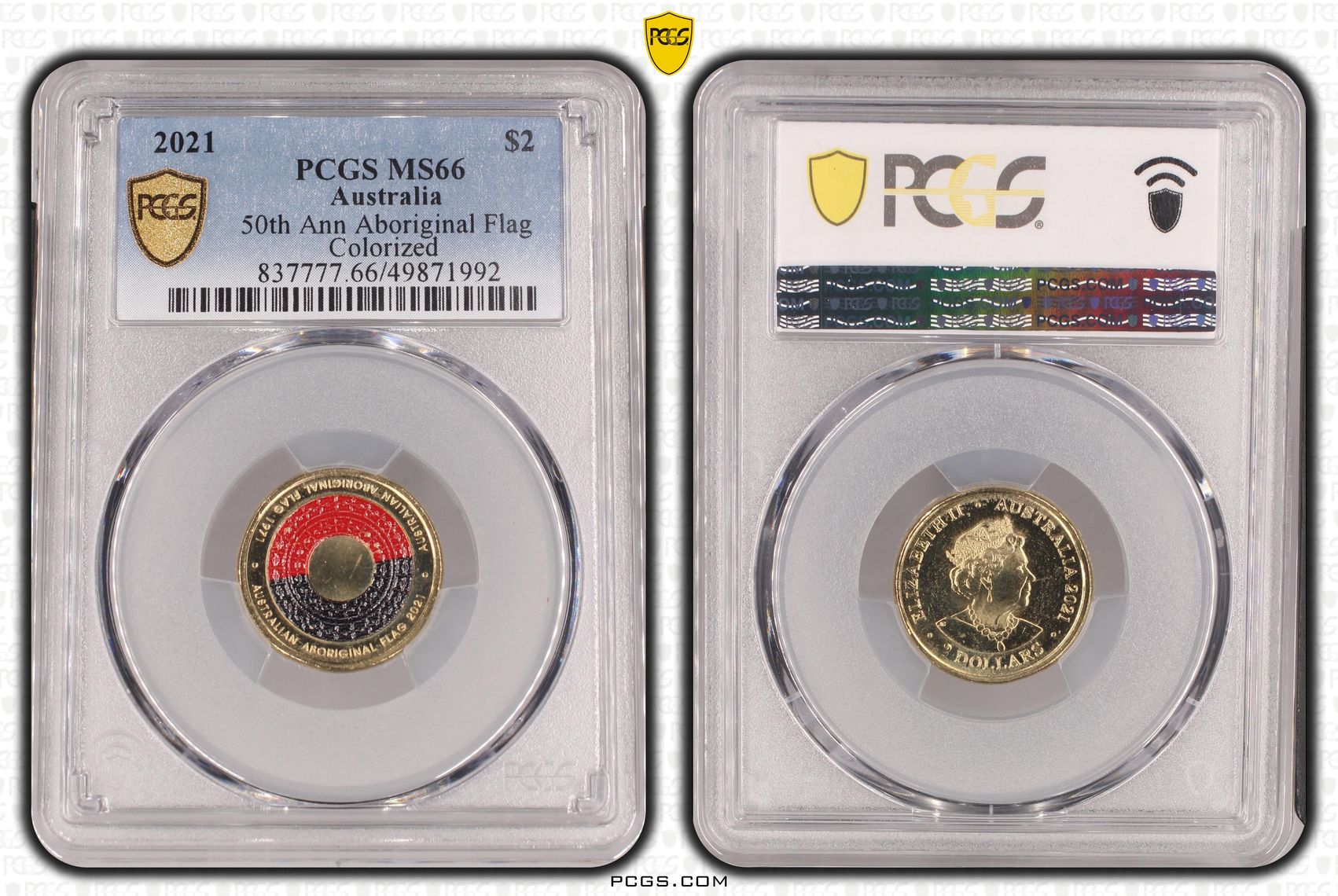 479 · 50th Ann Aboriginal Flag Colorized , Two Dollar, 2021, PCGS MS66