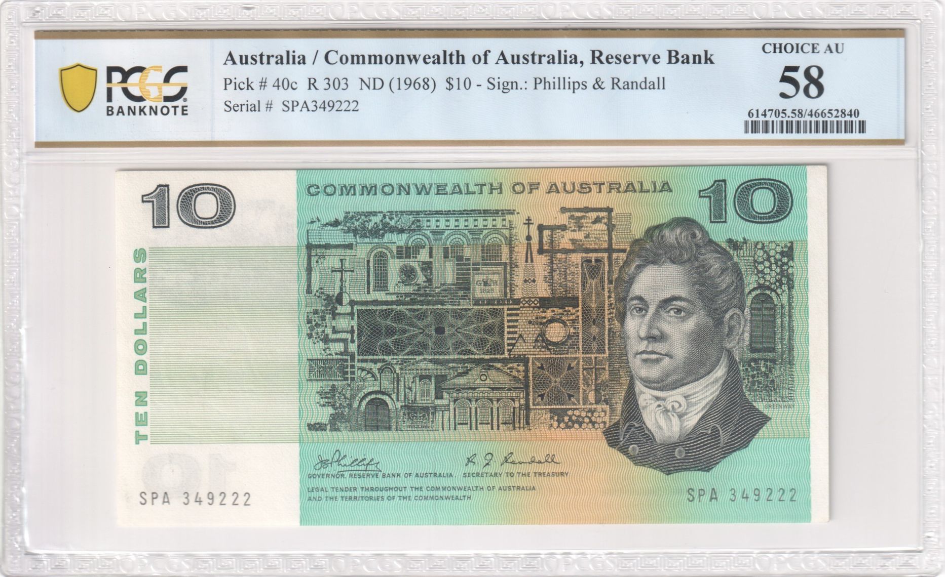 Phillips & Randall, Ten Dollar, 1968, PCGS Choice AU 58