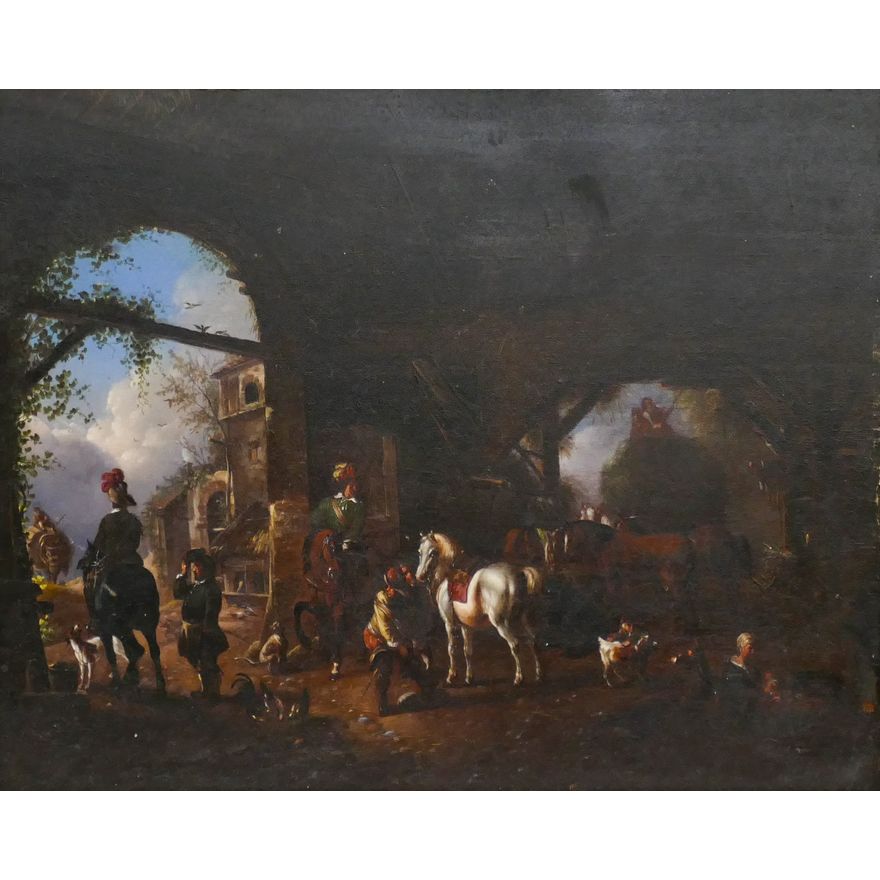 European 18th/19th Cent. Horse Stable Genre Scene Oil on Panel