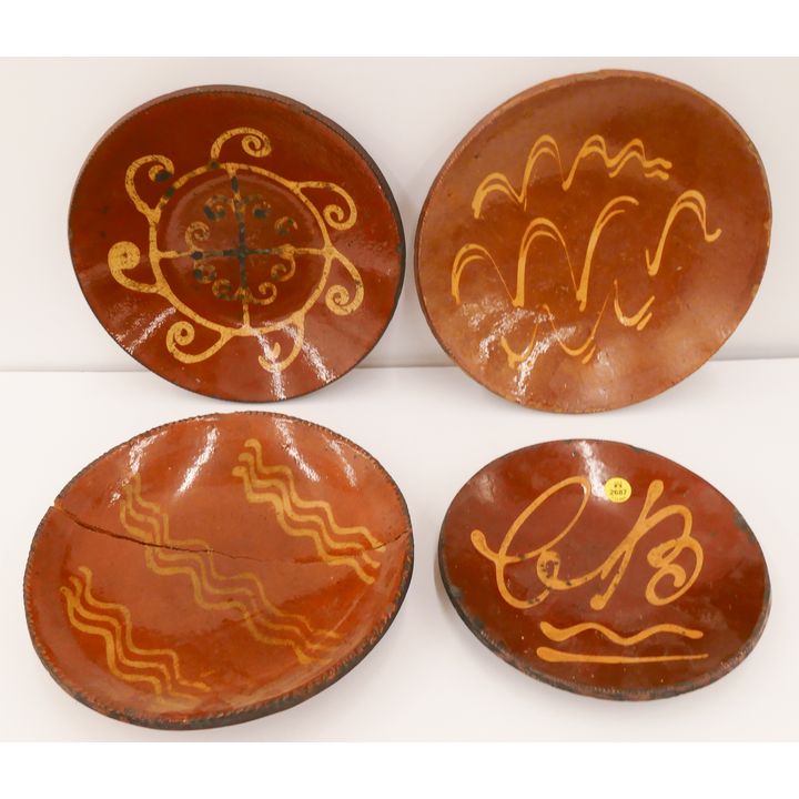 4pc Antique Pennsylvania Slip Decorated Redware Plates- some damage- 8'' to 10''