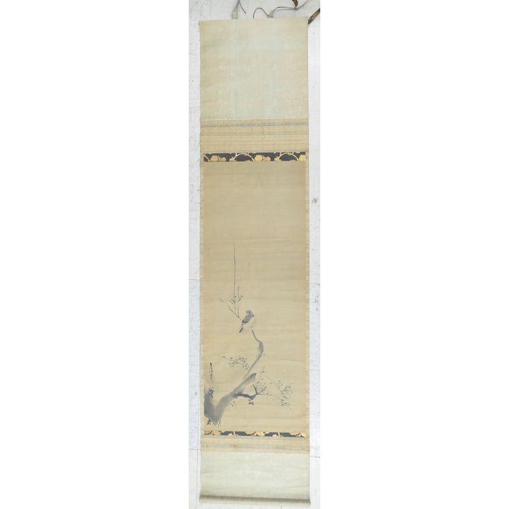 Antique Japanese Sparrow Scroll Painting- 68x15''