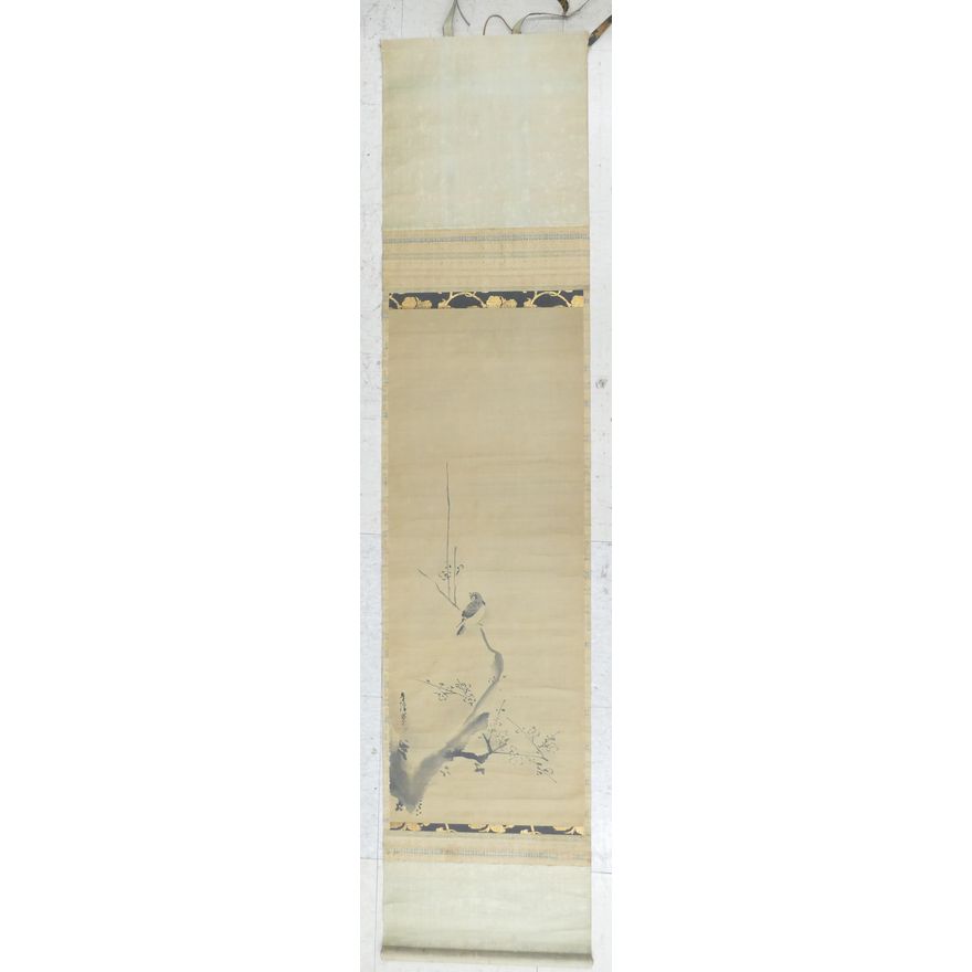 Antique Japanese Sparrow Scroll Painting- 68x15''