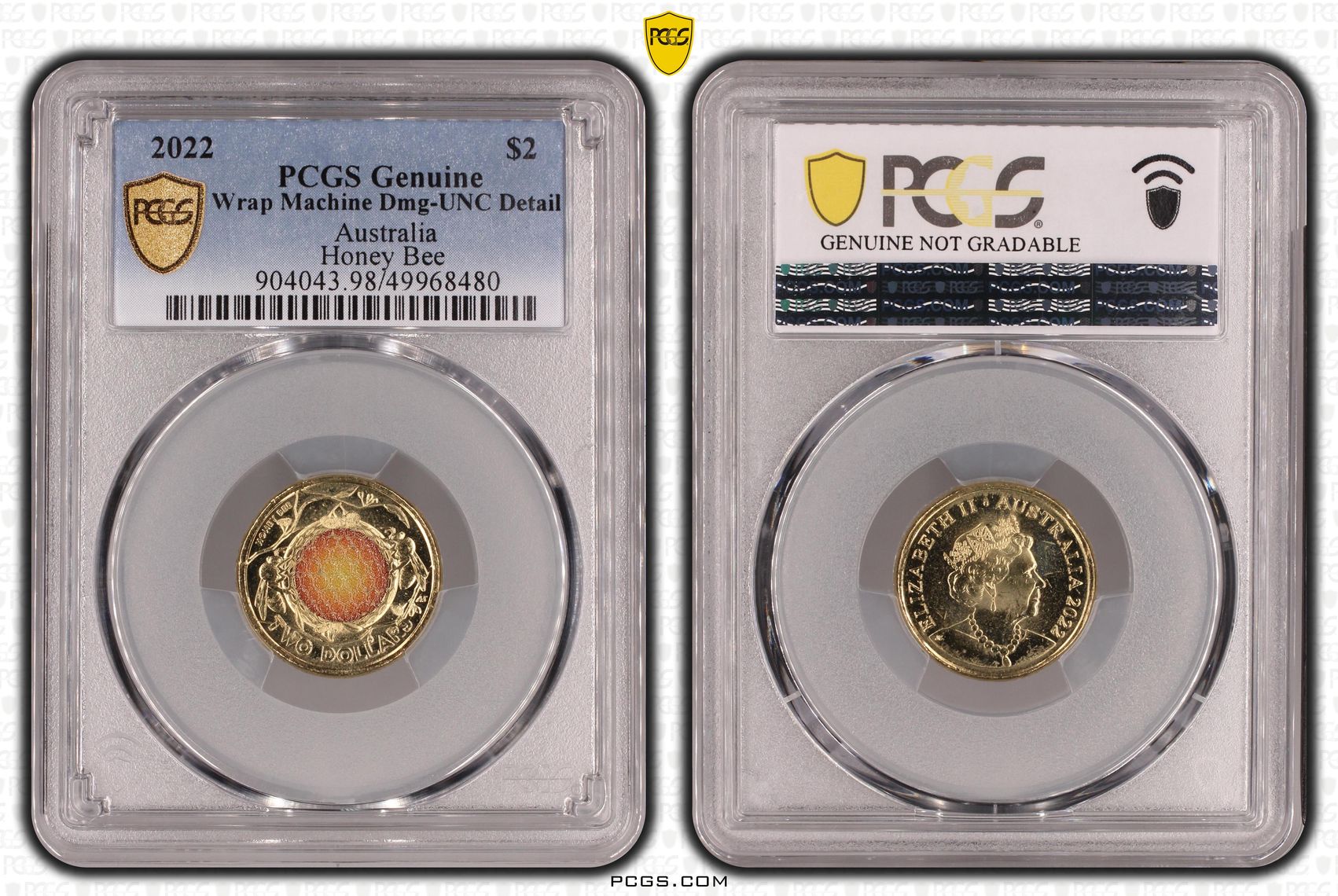 Honey Bee Colourised, Two Dollar, 2022, PCGS Genuine - UNC Details (98 - Damage)