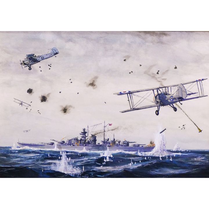 Al Helner 'Battle of the River Plat' Gouache Naval Battle Scene Painting. Framed. Image measures 12x17''