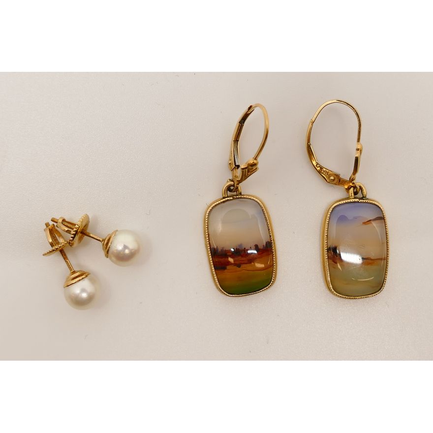 2 Pairs 14K Landscape Agate & Pearl Earrings- 6.4g TW