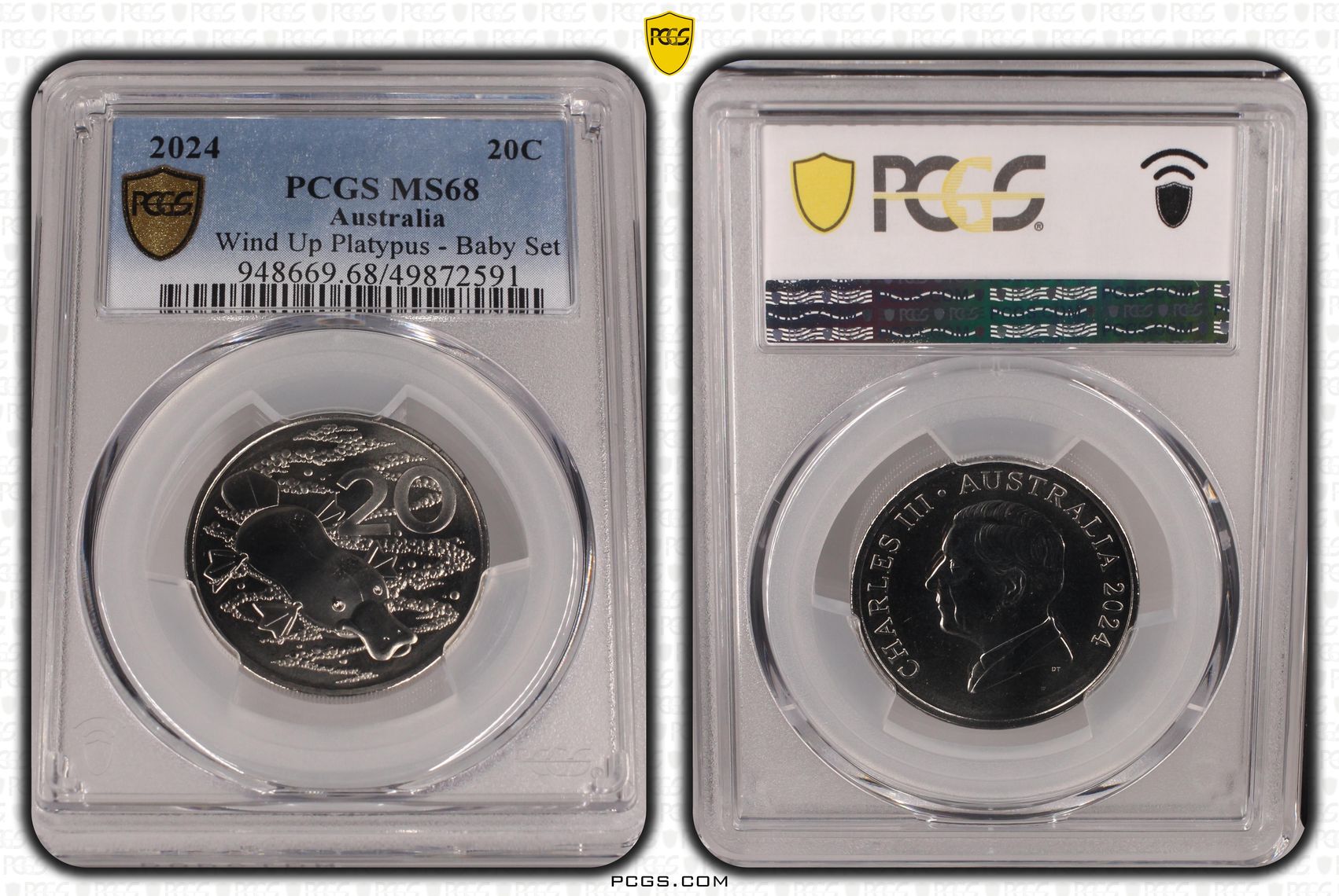 175 · Charles III, Wind Up Platypus - Baby Set , Twenty Cent, 2024, PCGS MS68