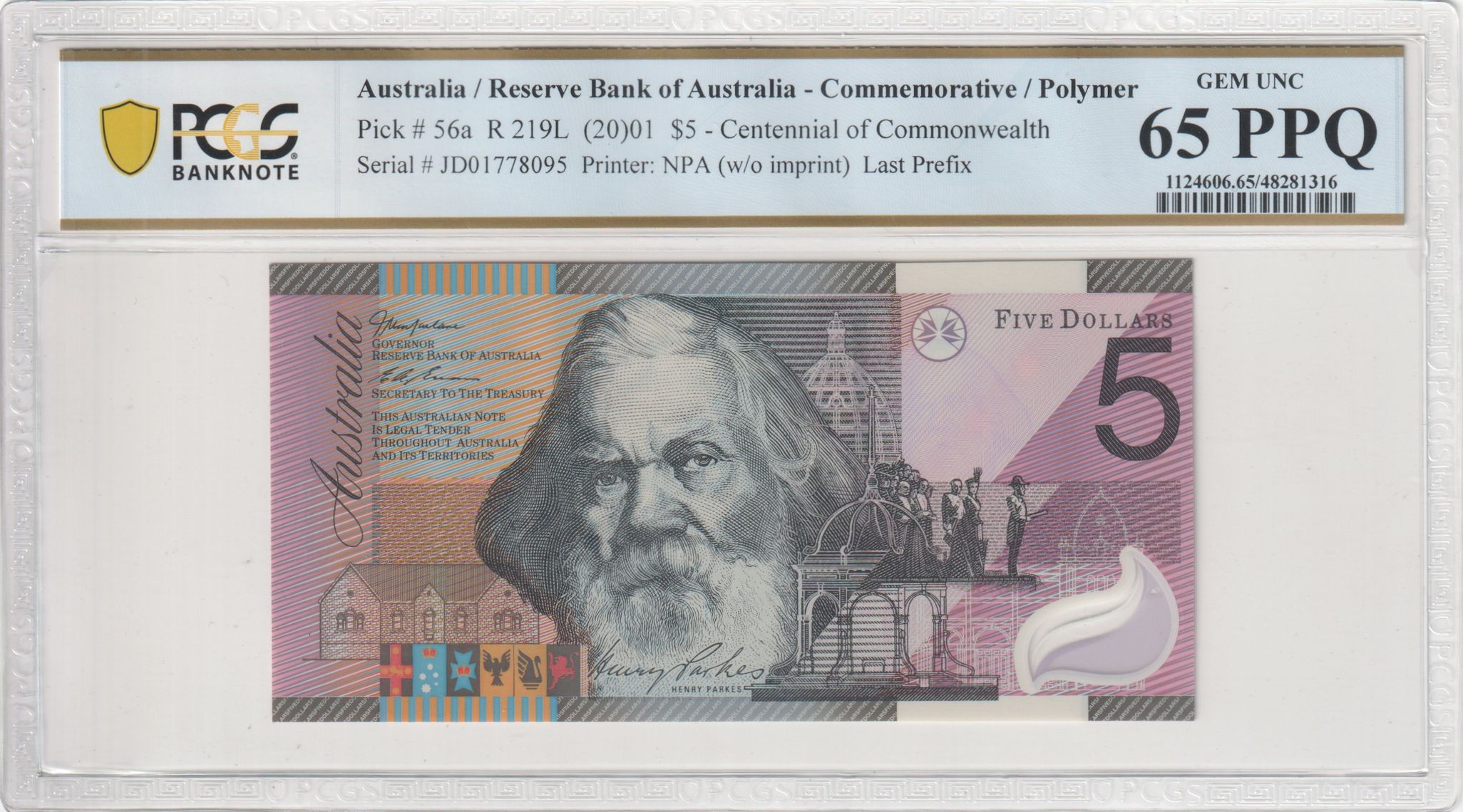 428 · Macfarlane/Evans, Centennial of Commonwealth, Last Prefix, Five Dollar, 2001, PCGS Gem UNC 65 PPQ