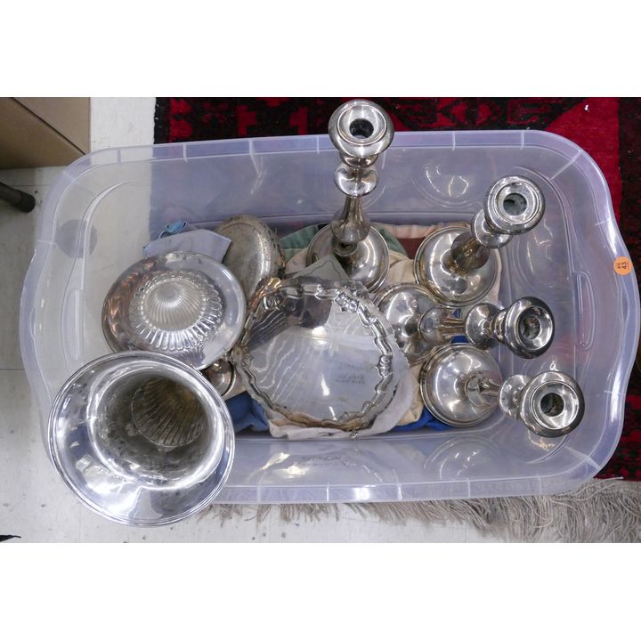 Tote Silverplated Candlesticks & Urn Etc