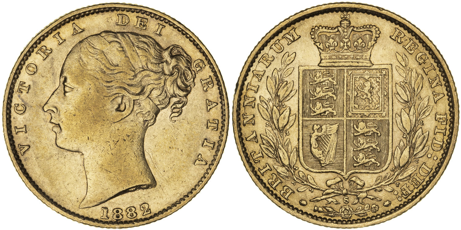 Victoria, Shield Reverse, Sovereign, 1882-S, aEF