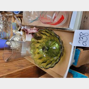 Glass pitcher, green fruit bowl and horse planter