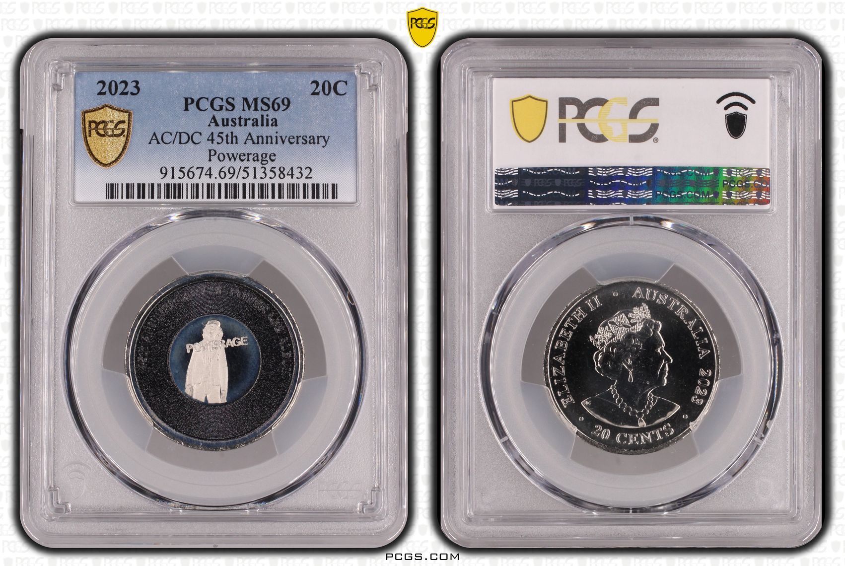 AC/DC 45th Anniversary Powerage, POP 12/0, Twenty Cent, 2023, PCGS MS69