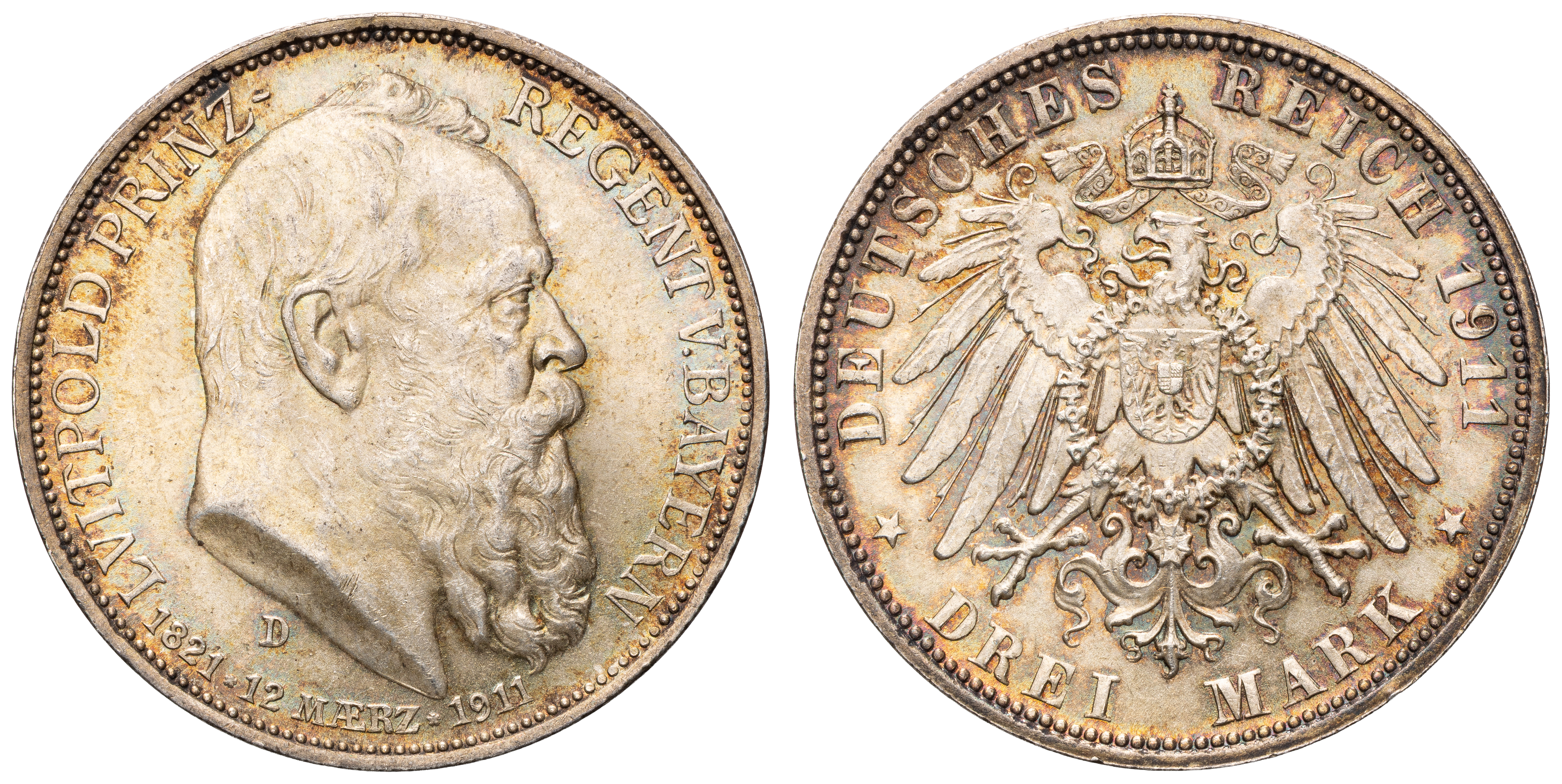Germany, Bavaria, Otto Prince Regent Luitpold, Three Mark, 1911, ChUnc