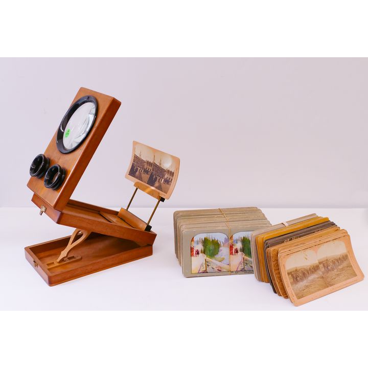Antique Stereoviewer with Box of Stereoviews