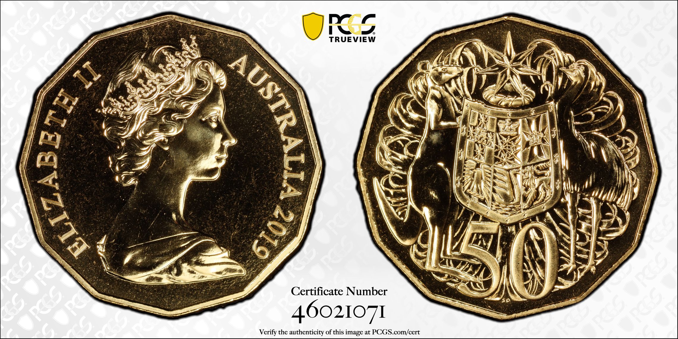 399 · Dodecagon 50C 50th Ann. A. Machin Effigy Gilt, Fifty Cent, 2019, PCGS MS69