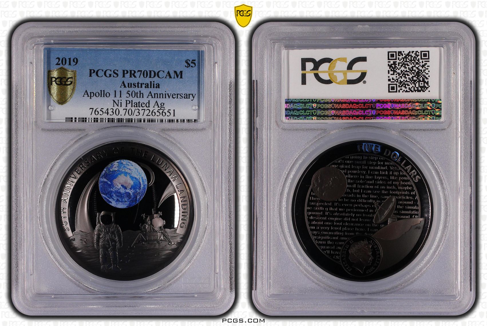 Apollo 11 50th Anniversary Ni Plated Ag, Five Dollar, 2019, PCGS PR70DCAM