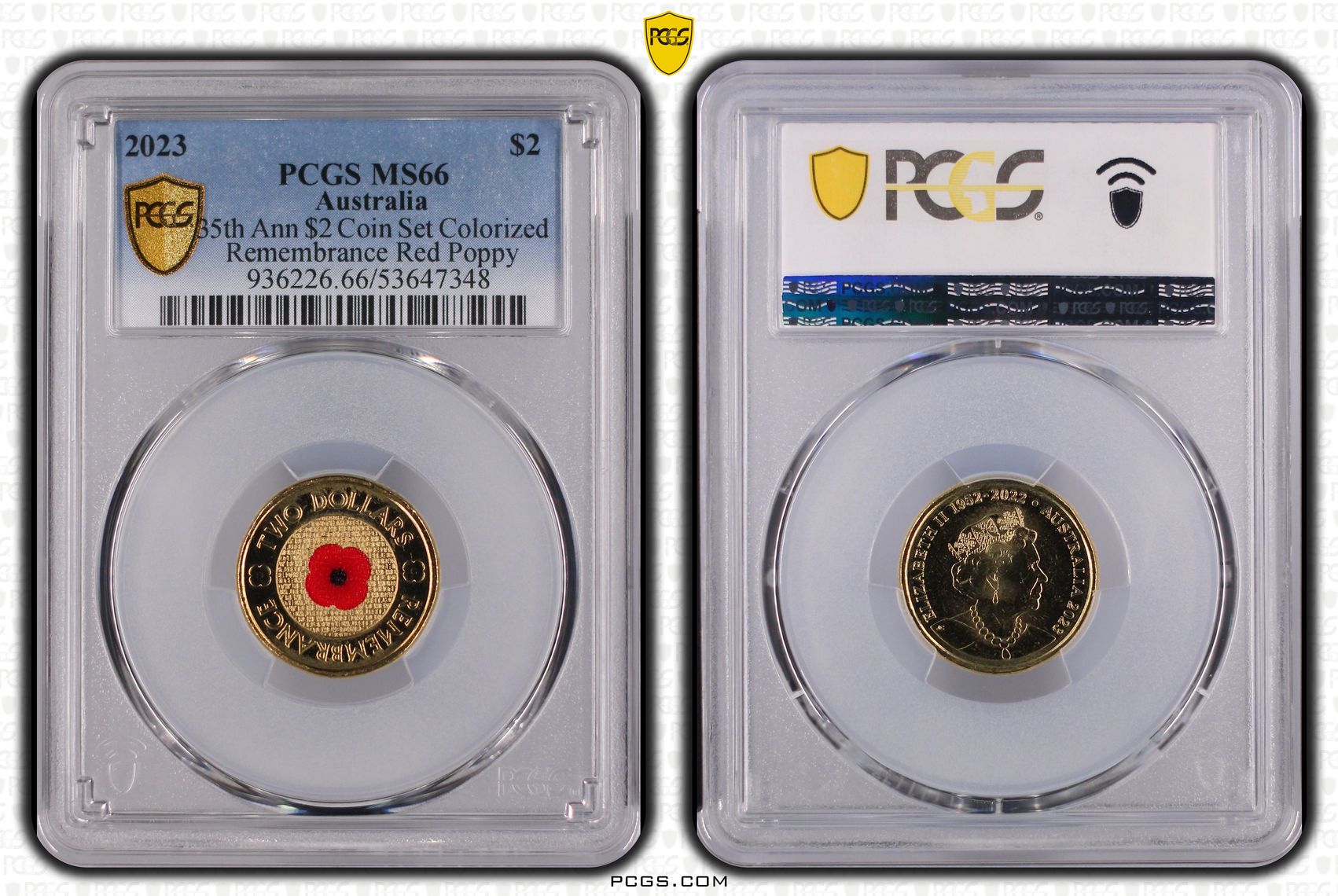 35th Ann $2 Coin Set Colourised Remembrance Red Poppy, Two Dollar, 2023, PCGS MS66